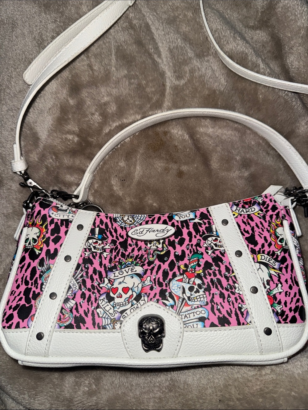 Ed Hardy Pink Leopard Tattoo-Print Shoulder Bag with White Trim